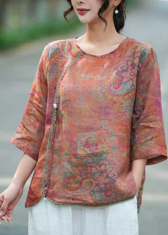 Elegant Light Purple O-Neck Print Linen Tops Bracelet Sleeve