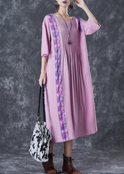 Elegant Light Purple Oversized Patchwork Wrinkled Linen Dress Half Sleeve