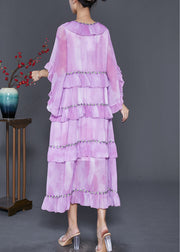 Elegant Light Purple Ruffled Tie Dye Chiffon Maxi Dresses Summer