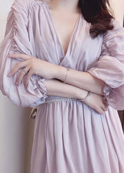 Elegant Light Purple V Neck Asymmetrical Pearl Tie Waist Silk Maxi Dress Puff Sleeve