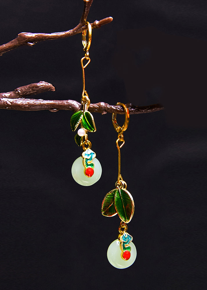 Elegant Metal Green Leaf Circular Jade Drop Earrings