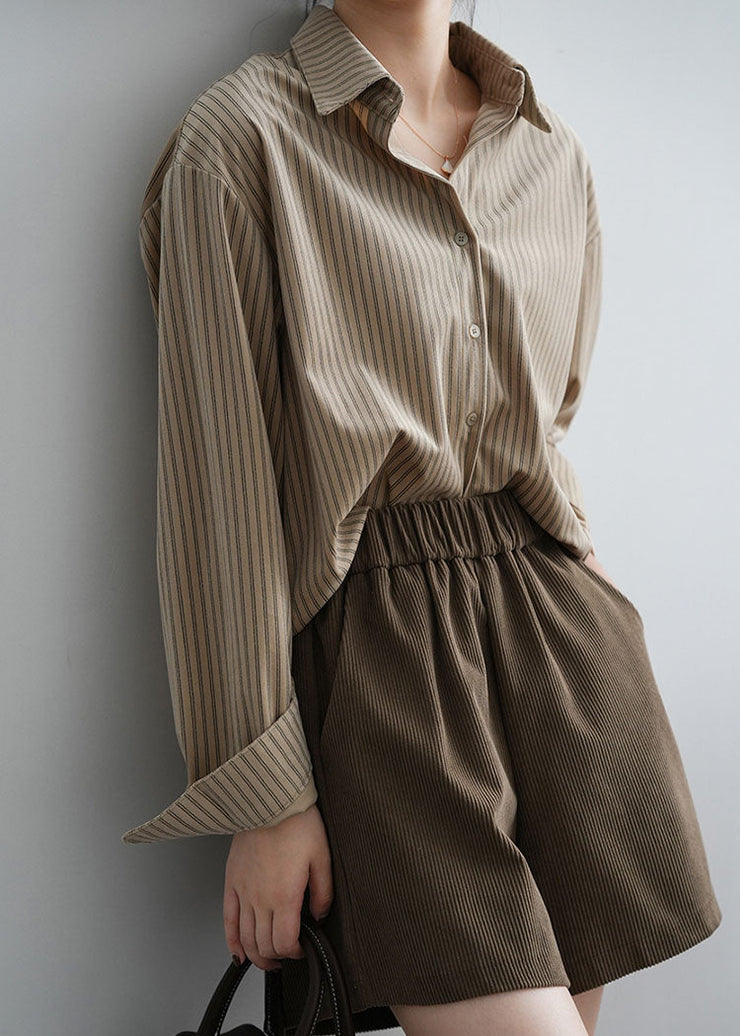 Elegant Mocha Peter Pan Collar Striped Low High Design Button Shirts Long Sleeve