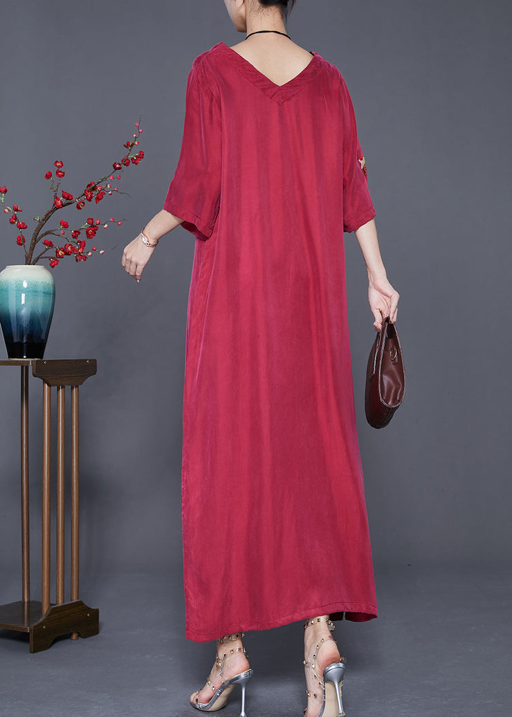 Elegant Mulberry Embroideried Side Open Silk Maxi Dresses Summer