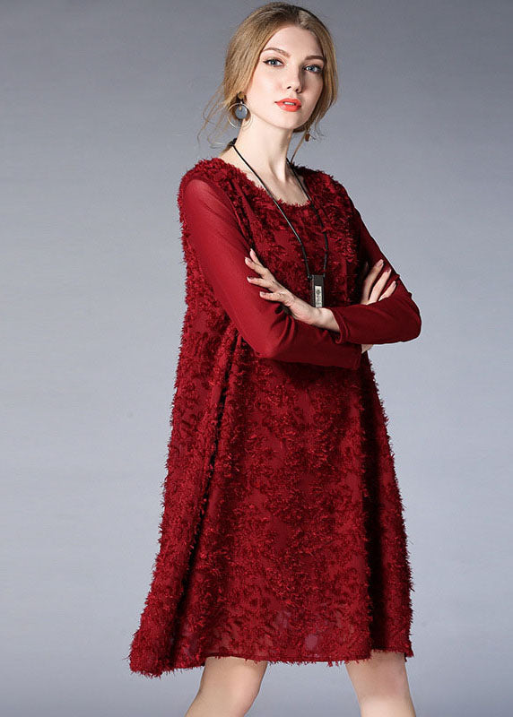 Elegant Mulberry O-Neck Jacquard Chiffon Vacation Dresses Long Sleeve