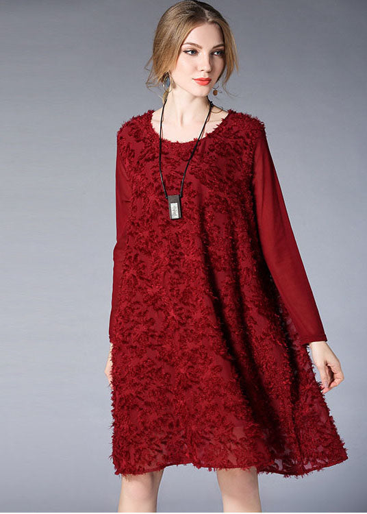 Elegant Mulberry O-Neck Jacquard Chiffon Vacation Dresses Long Sleeve