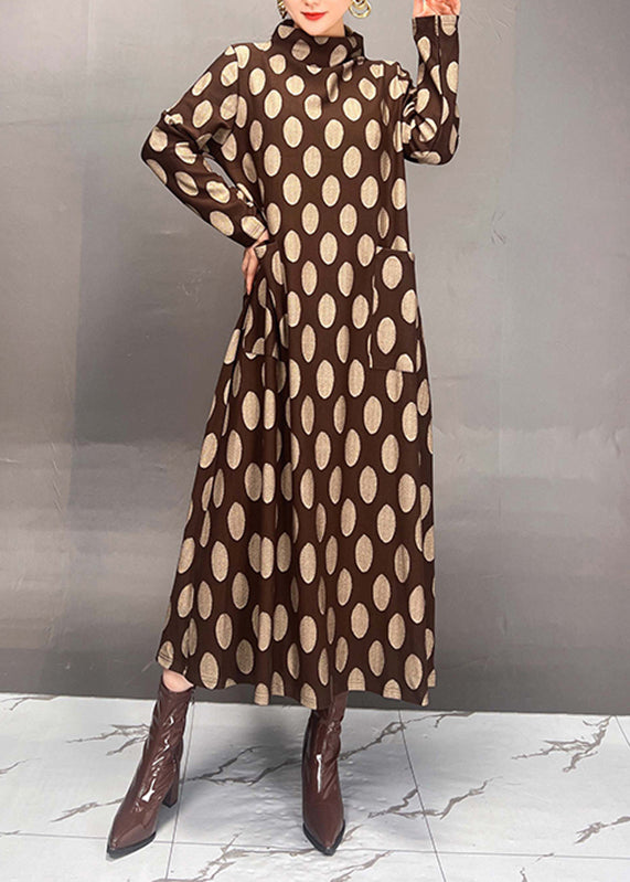 Elegant Mulberry Turtleneck Dot Print Maxi Dress Fall