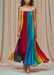 Elegant Multicolor Cold Shoulder Wrinkled Chiffon Strapless Dress Summer