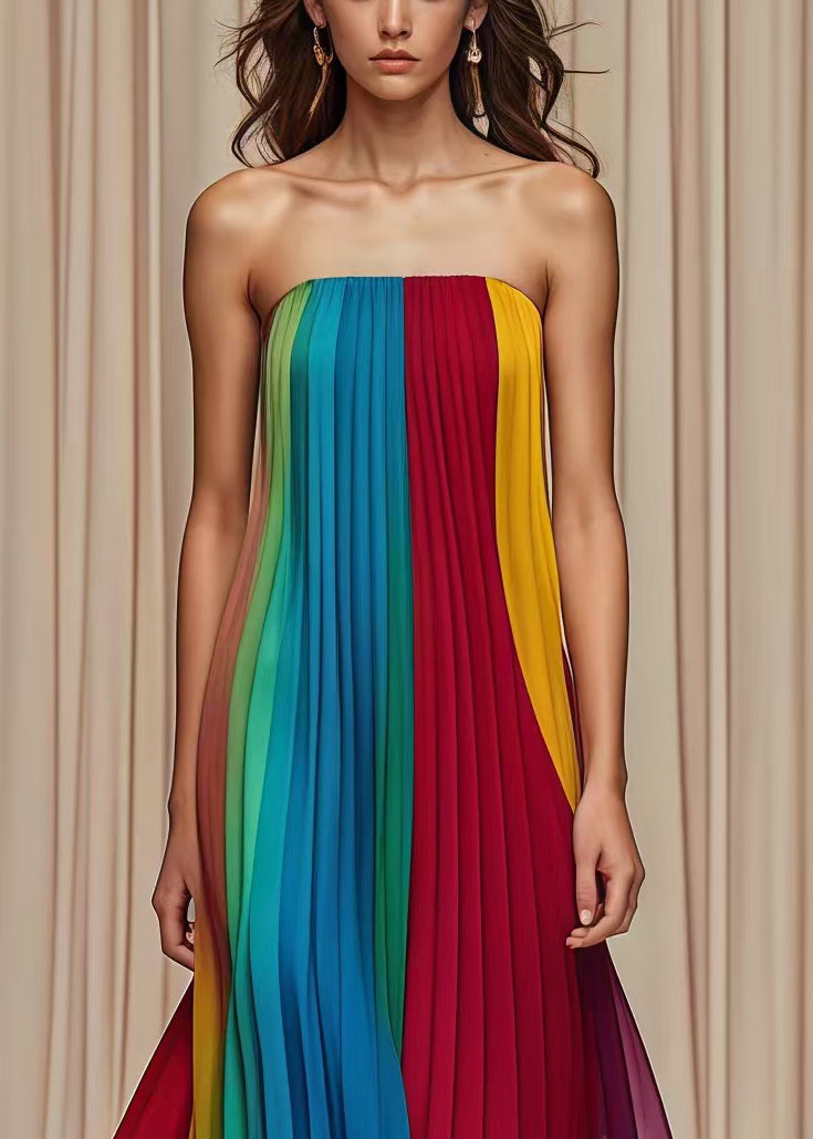 Elegant Multicolor Cold Shoulder Wrinkled Chiffon Strapless Dress Summer