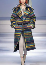 Elegant Multicolor Oversized Striped Woolen Trench Fall