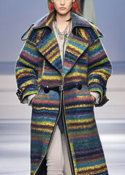 Elegant Multicolor Oversized Striped Woolen Trench Fall