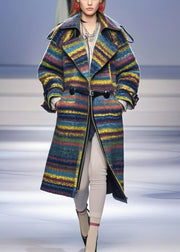 Elegant Multicolor Oversized Striped Woolen Trench Fall