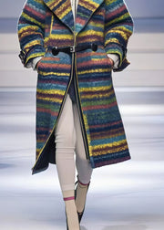 Elegant Multicolor Oversized Striped Woolen Trench Fall