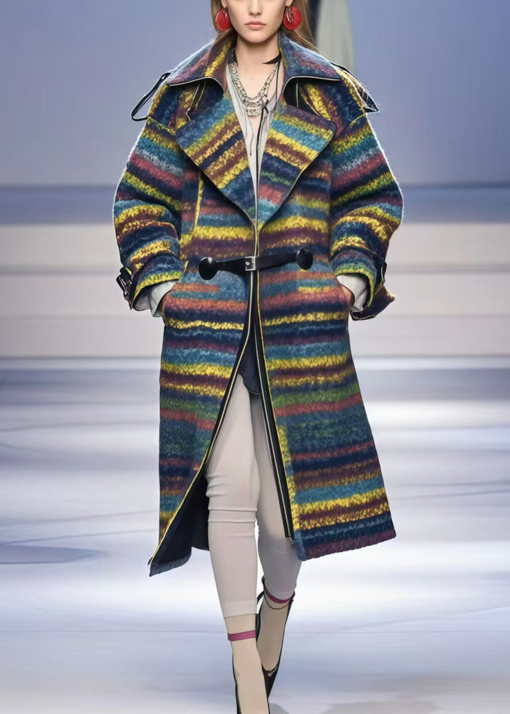 Elegant Multicolor Oversized Striped Woolen Trench Fall