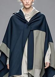 Elegant Navy Asymmetrical Patchwork Cotton Coat Fall