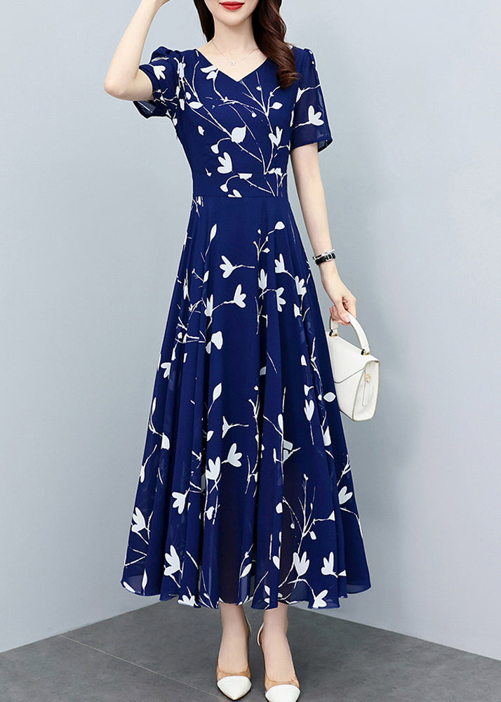 Elegant Navy Blue V Neck Print Slim Chiffon Maxi Dresses Summer