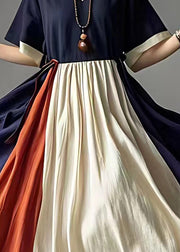 Elegant Navy Cinched Patchwork Cotton Holiday Dress Summer