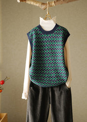 Elegant Navy O-Neck Plaid Knitted Cotton Thread Waistcoat Fall