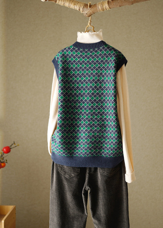 Elegant Navy O-Neck Plaid Knitted Cotton Thread Waistcoat Fall