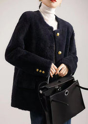 Elegant Navy O Neck Pockets Button Patchwork Wool Coat Winter