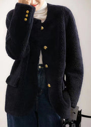 Elegant Navy O Neck Pockets Button Patchwork Wool Coat Winter