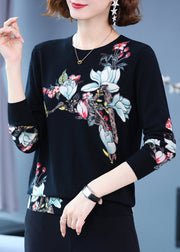 Elegant Navy O Neck Print Loose Woolen Knit Top Spring