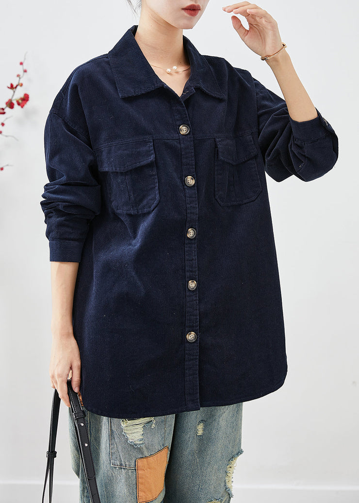 Elegant Navy Oversized Pockets Corduroy Coats Fall