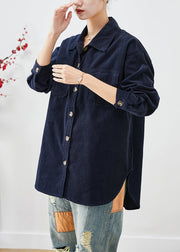 Elegant Navy Oversized Pockets Corduroy Coats Fall