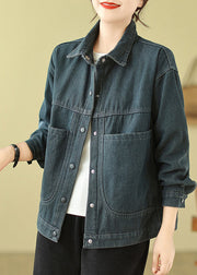 Elegant Navy Oversized Pockets Warm Fleece Denim Jacket Spring