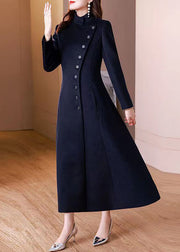 Elegant Navy Peter Pan Collar Button Woolen Long Coat Winter