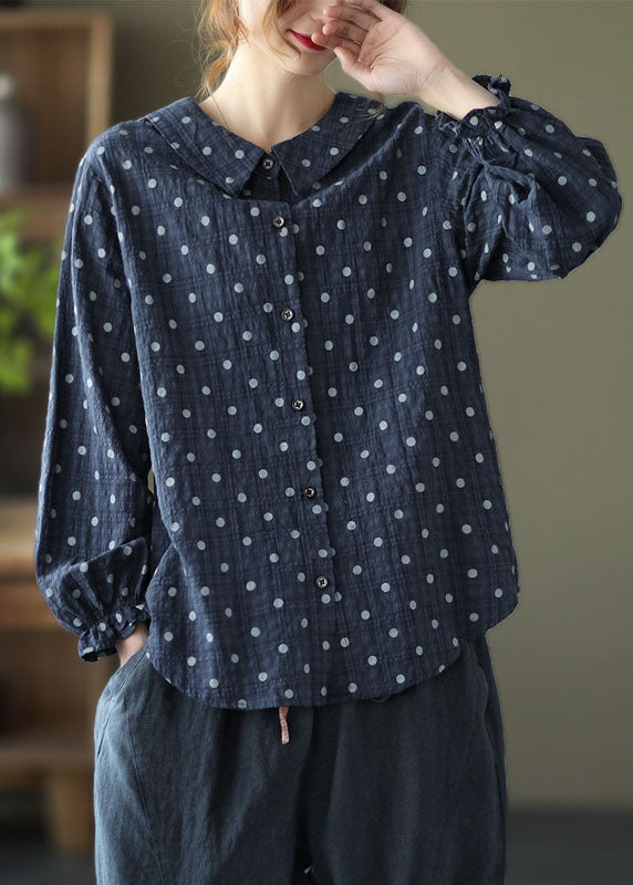 Elegant Navy Peter Pan Collar Dot Print Linen Blouses Lantern Sleeve