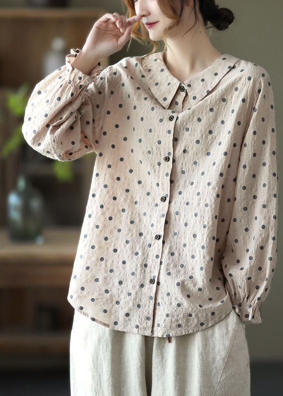 Elegant Navy Peter Pan Collar Dot Print Linen Blouses Lantern Sleeve