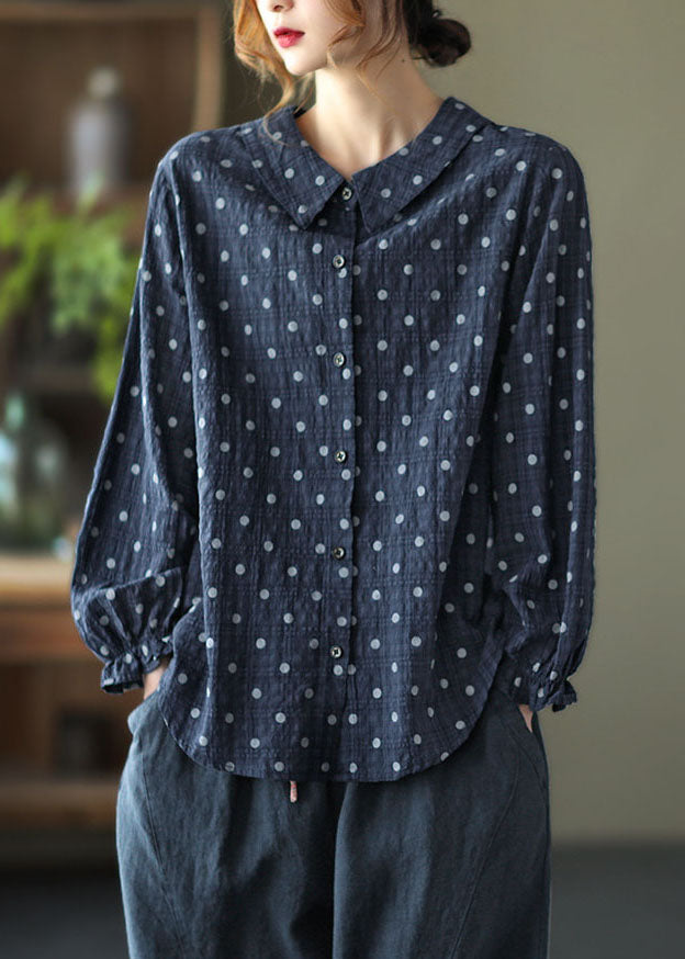 Elegant Navy Peter Pan Collar Dot Print Linen Blouses Lantern Sleeve