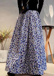 Elegant Navy Print Elastic Waist Patchwork Cotton Maxi Skirts Fall