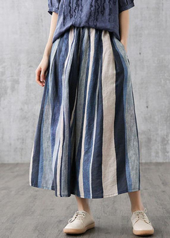 Elegant Navy Retro Striped A Line Summer Skirts Linen - bagstylebliss