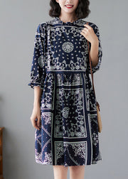 Elegant Navy Ruffled Print Linen Dresses Half Sleeve