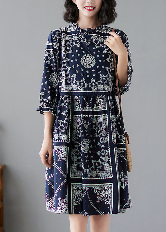 Elegant Navy Ruffled Print Linen Dresses Half Sleeve