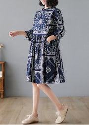 Elegant Navy Ruffled Print Linen Dresses Half Sleeve