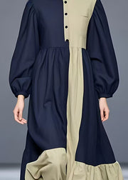 Elegant Navy Turtleneck Patchwork Cotton Maxi Dress Long Sleeve