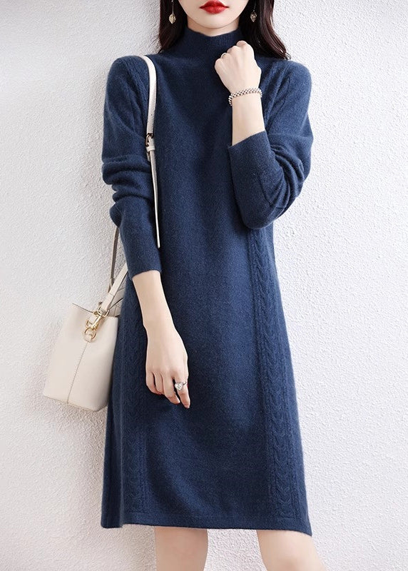 Elegant Navy Turtleneck Solid Wool Knit Sweater Dress Fall