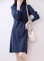 Elegant Navy Turtleneck Solid Wool Knit Sweater Dress Fall