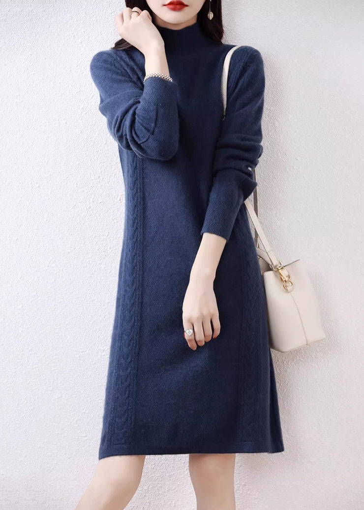 Elegant Navy Turtleneck Solid Wool Knit Sweater Dress Fall