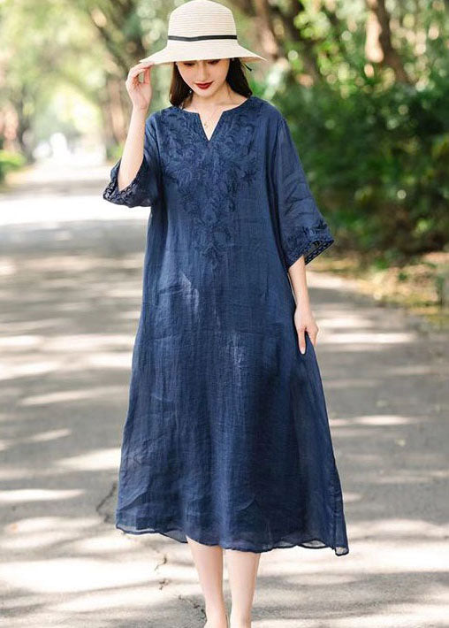 Elegant Navy V Neck Embroideried Patchwork Linen Dresses Summer