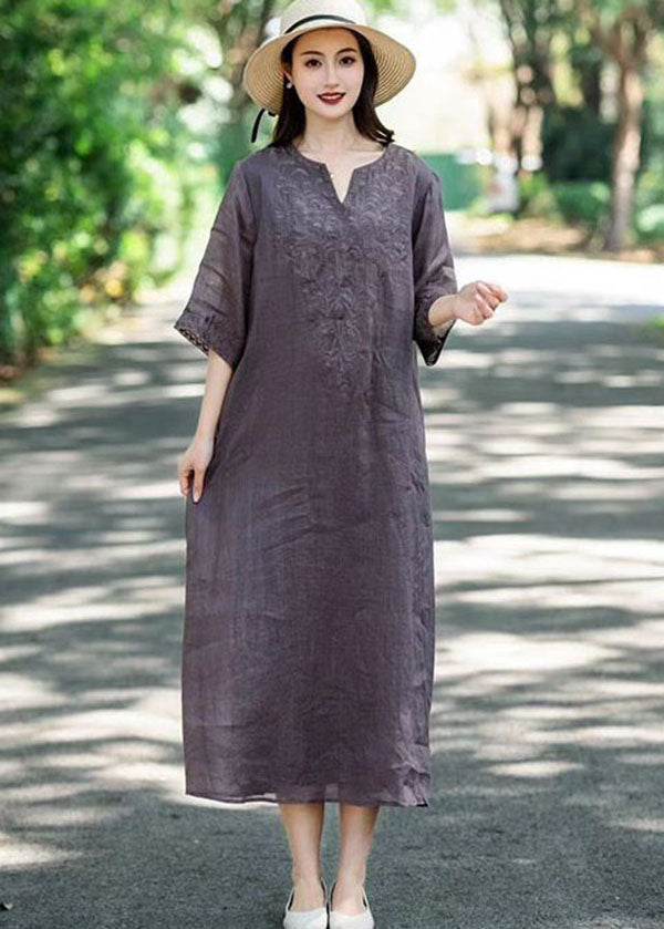 Elegant Navy V Neck Embroideried Patchwork Linen Dresses Summer