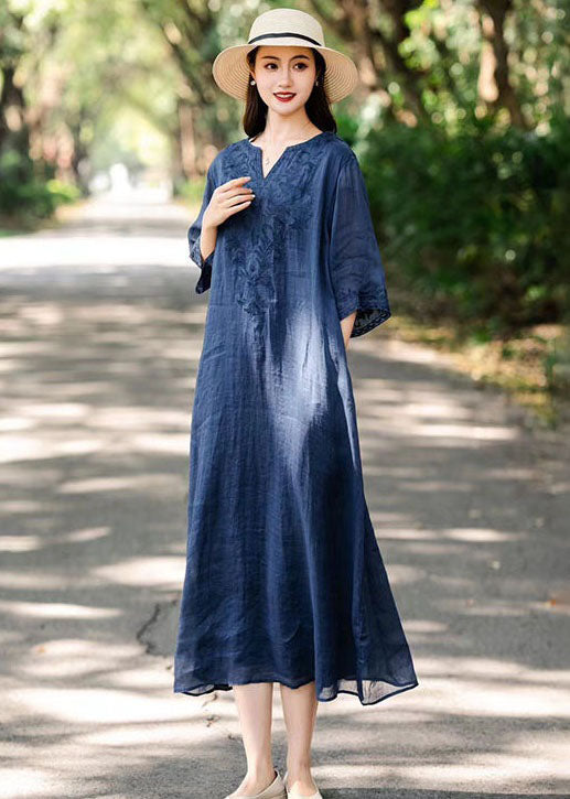 Elegant Navy V Neck Embroideried Patchwork Linen Dresses Summer