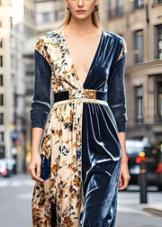 Elegant Navy V Neck Patchwork Print Silk Velvet Dresses Spring