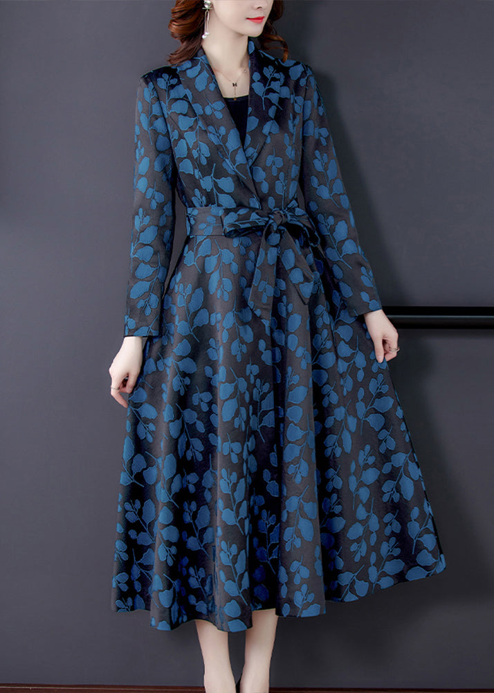 Elegant Notched Print Pockets Tie Waist Silk Trench Coats Long Sleeve