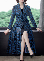 Elegant Notched Print Pockets Tie Waist Silk Trench Coats Long Sleeve