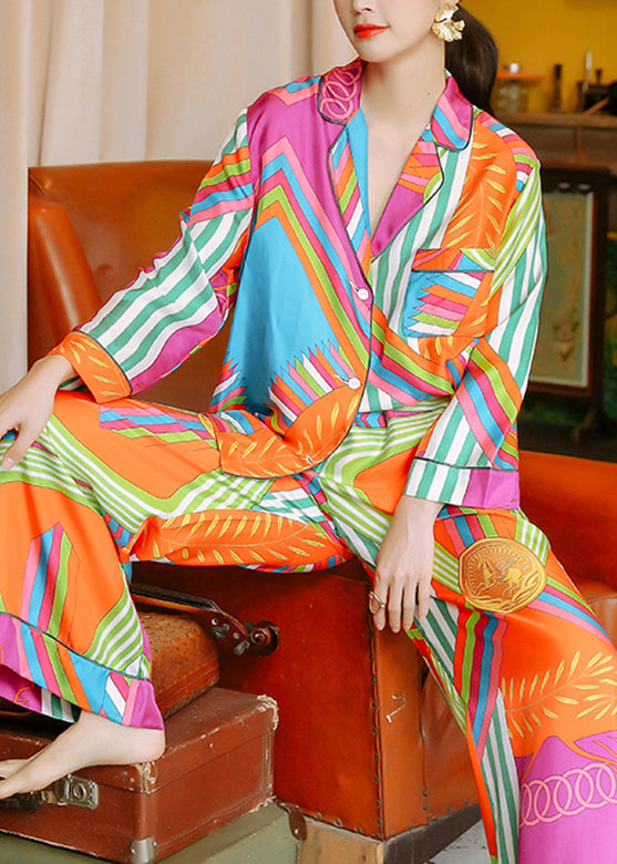 Elegant Notched Striped Patchwork Button Ice Silk Pajamas Two Pieces Set Long Sleeve