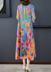 Elegant O-Neck Oversized Print Silk Long Dress Bracelet Sleeve