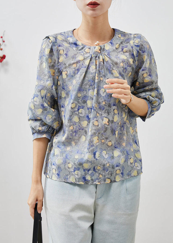 Elegant O-Neck Print Linen Blouses Spring